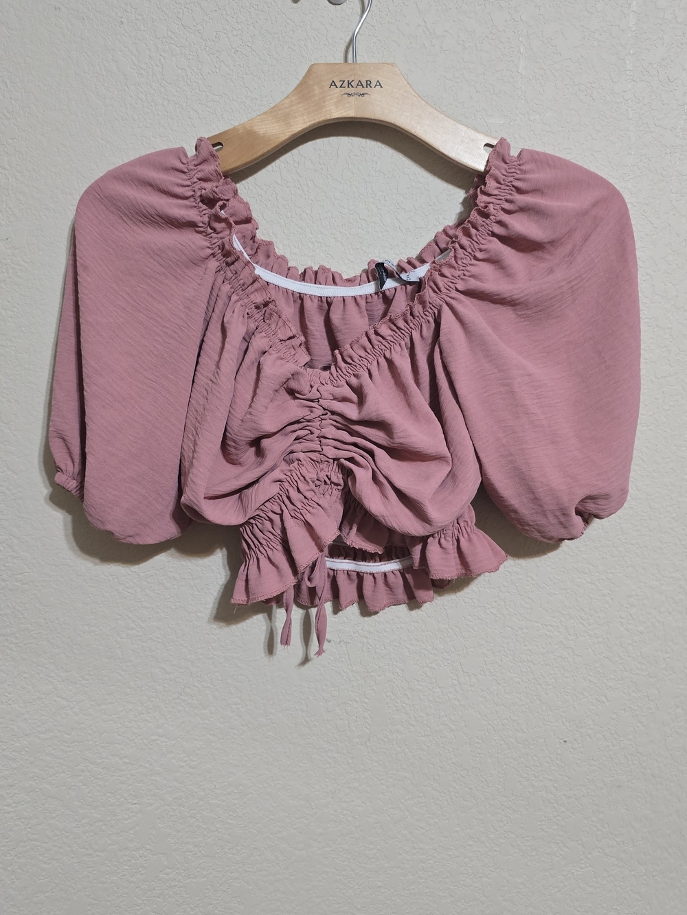 Ruched Dusty Rose Crop Top with Puff Sleeves